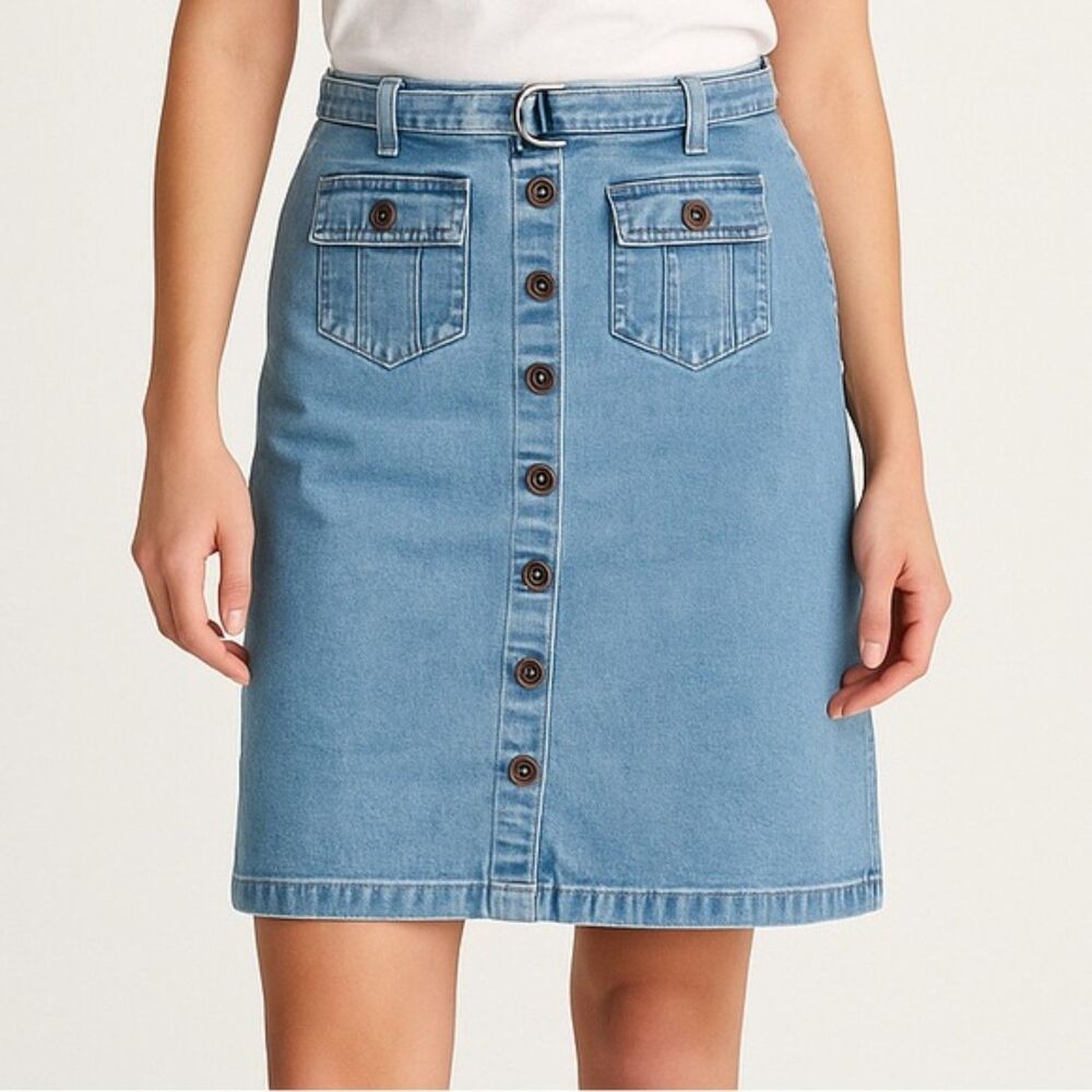 Vintage Basic Editions Light Wash Button Front Belted Skirt Women’s Size 12/14